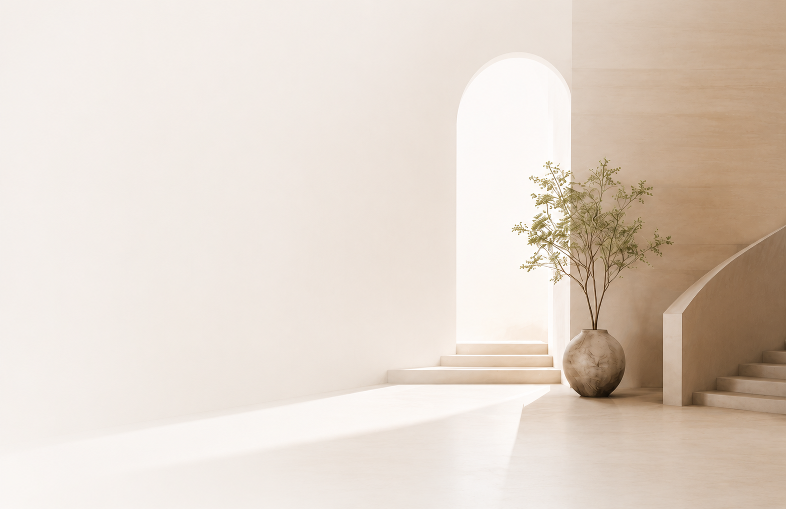 Softly lit sculptural interior with an archway, pale stone steps, and a planted vase
