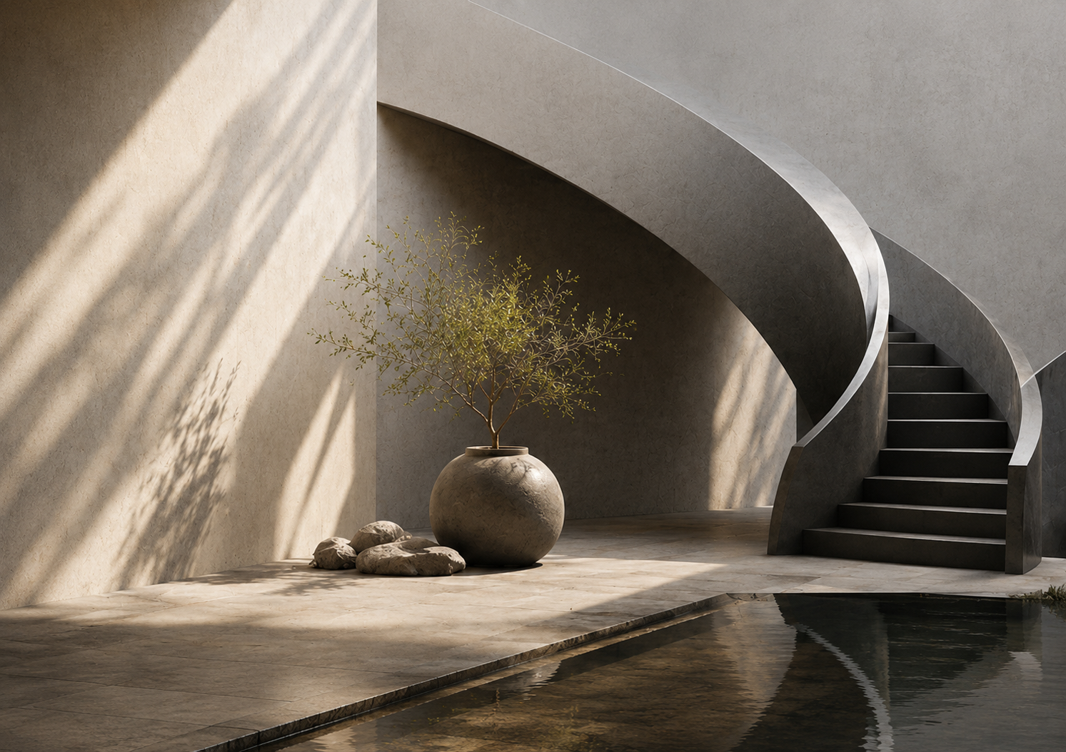 Calm sunlit architectural interior with curved staircase and sculptural planting