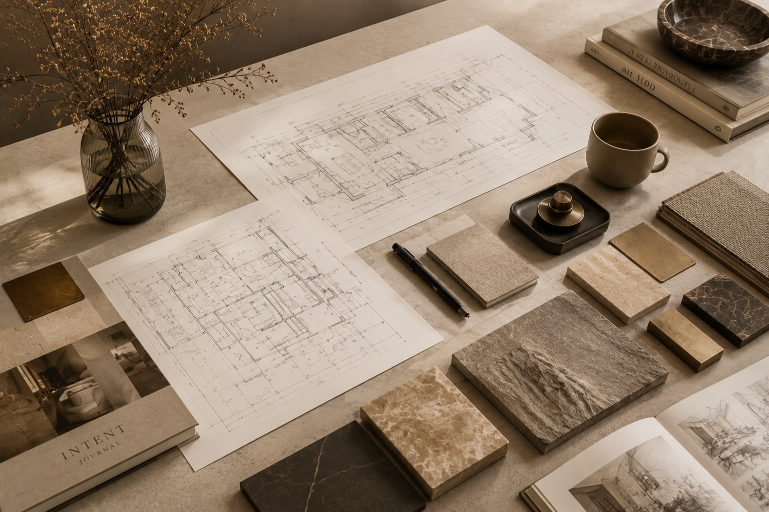 Designer reviewing blueprints and material boards