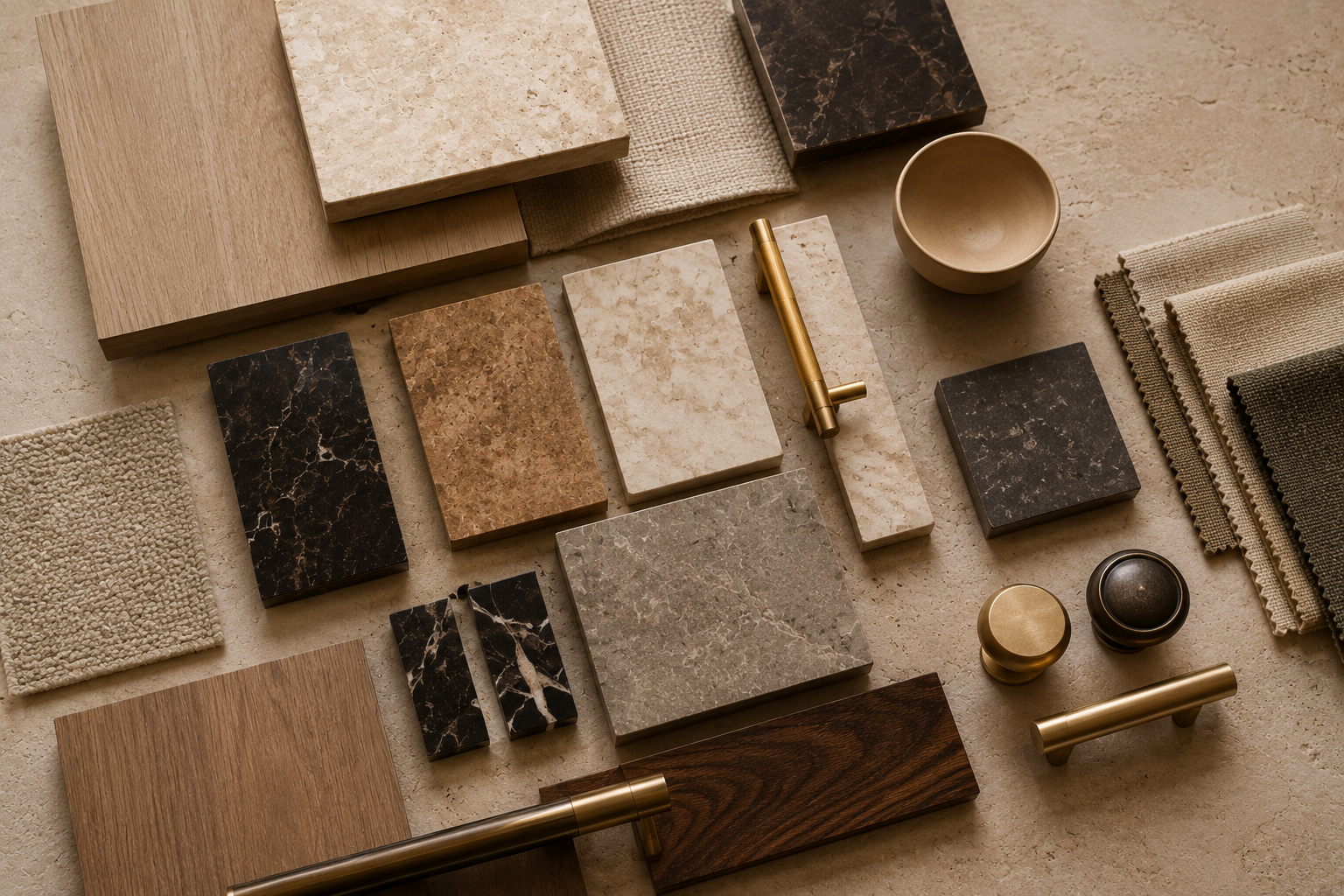 Material samples including stone, timber, fabric and hardware