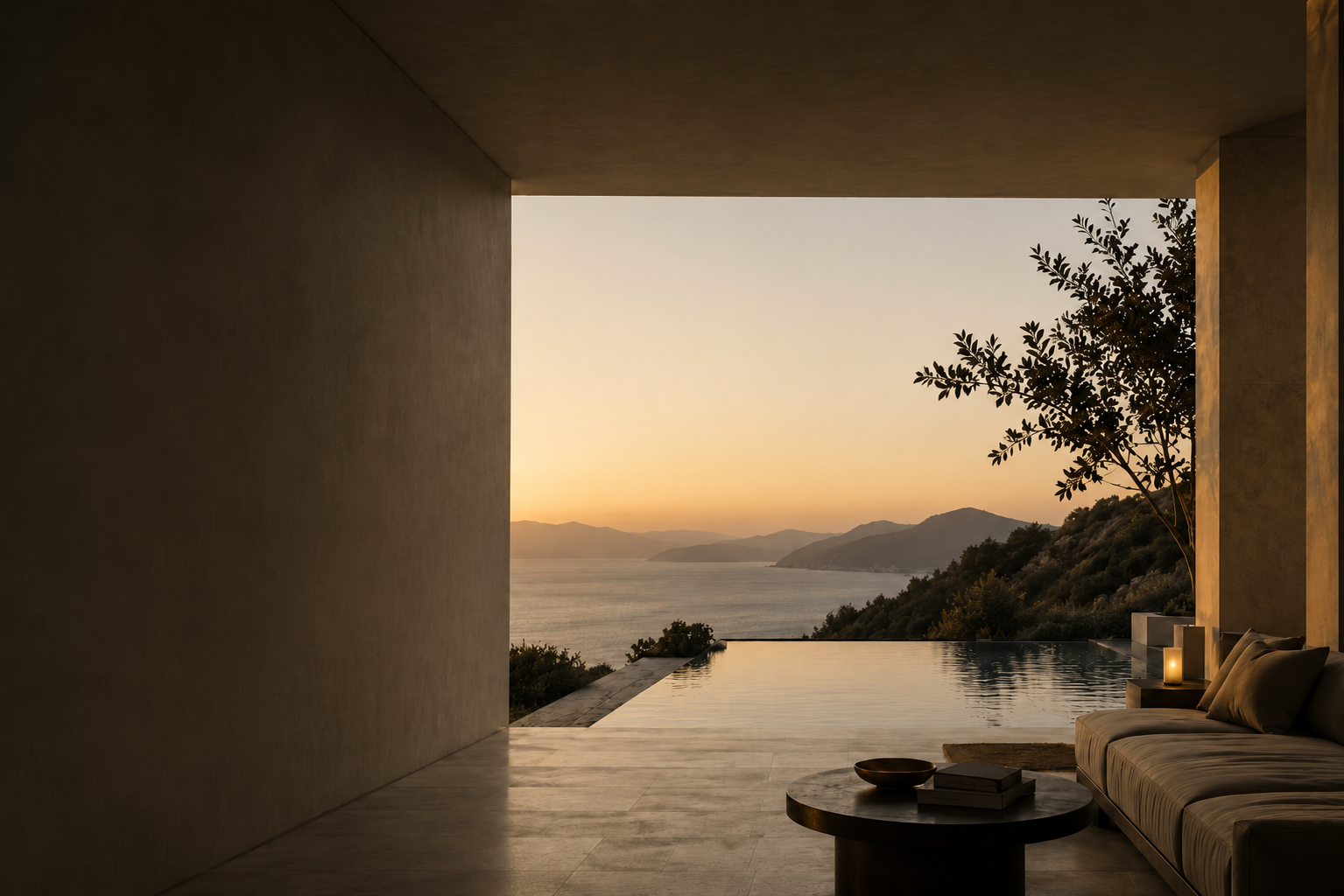 Sunlit coastal interior with an infinity pool, quiet seating, and warm architectural framing
